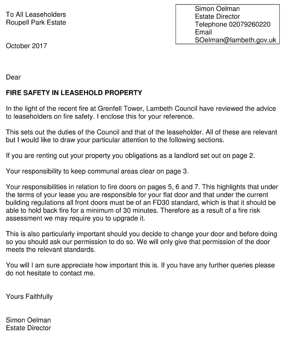 Fire Safety In Leaseholder Property Roupell Park RMO